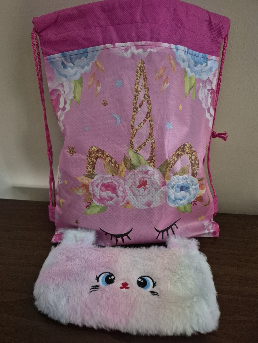 Pink Unicorn Drawstring Bag with Pastel Plush Cat Pouch
